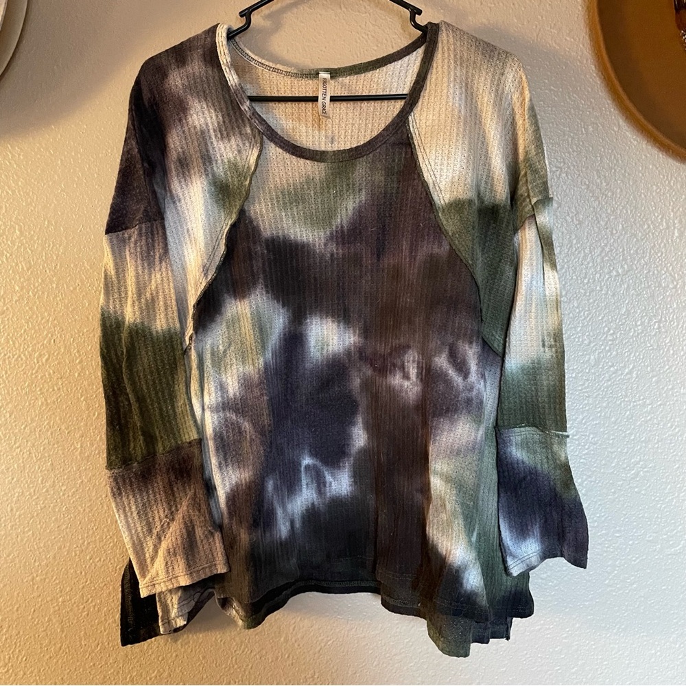 FORGOTTEN GRACE - Grey Green Tan Tie-dye Waffle-comb Longsleeve Shirt - Boho NEW